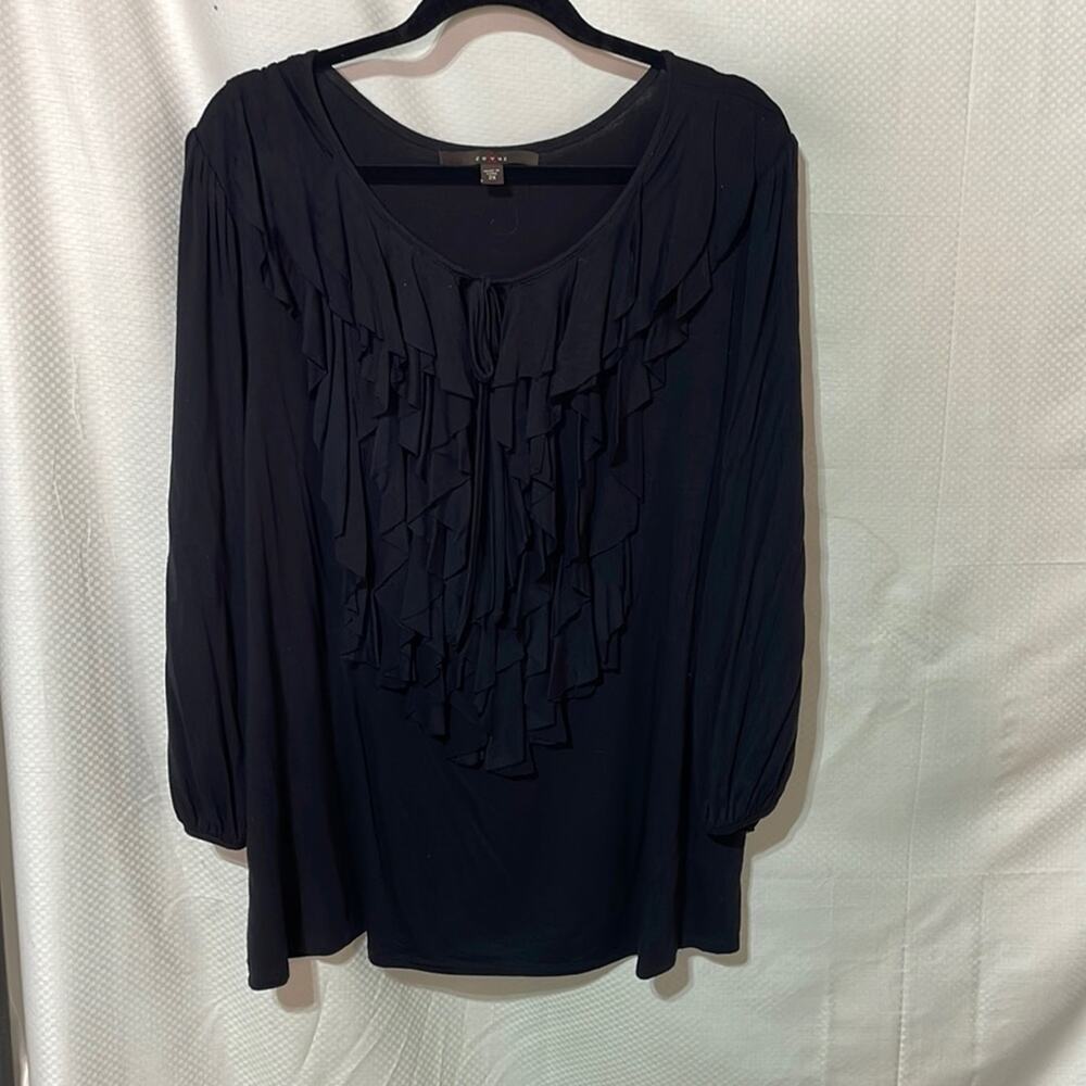 Fever 2x black puffed long sleeve ruffled front soft shirt tie front euc